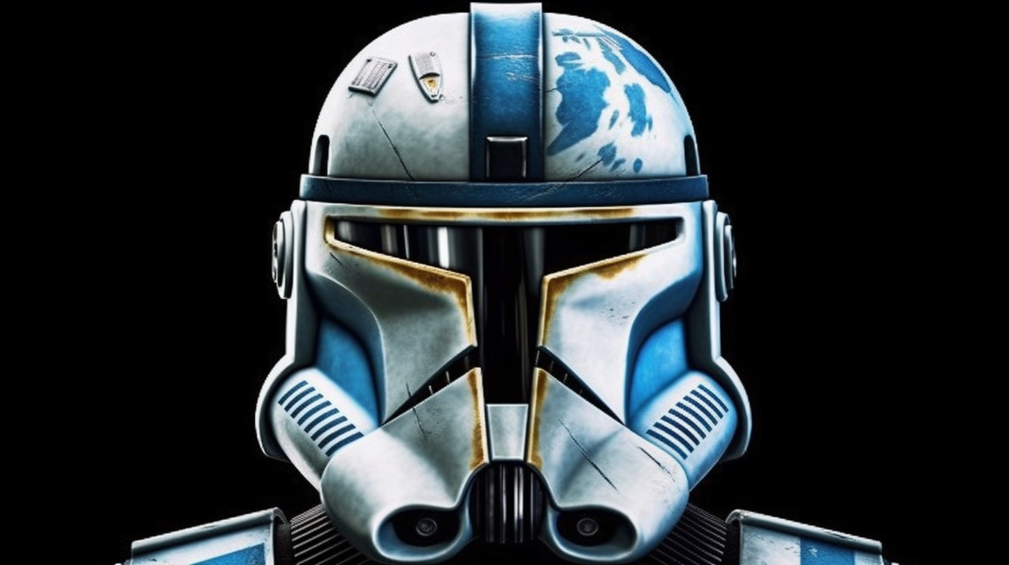 Intense Clone Trooper commands battlefield, fierce and detailed