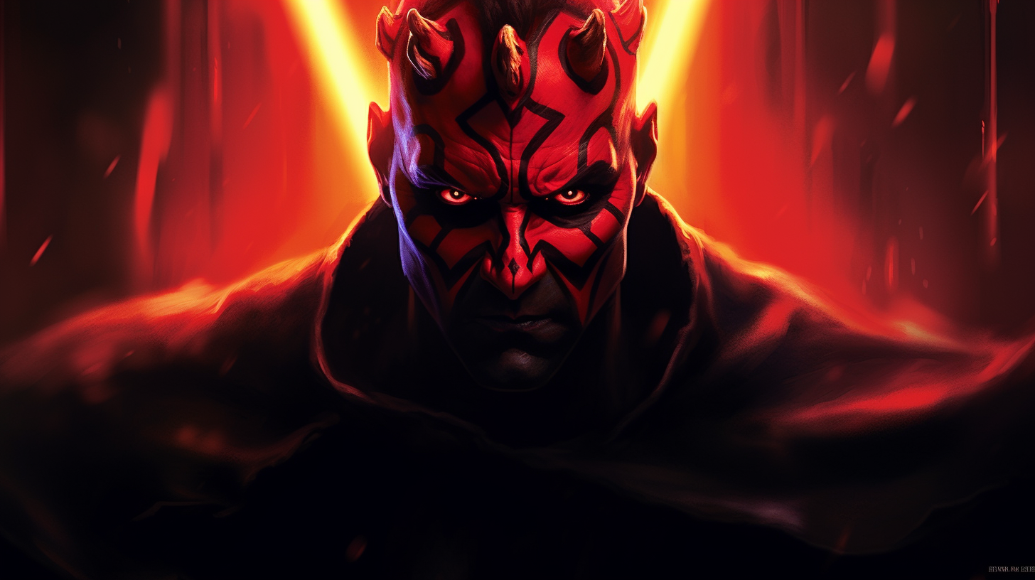 Intense Darth Maul portrait with double red lightsaber