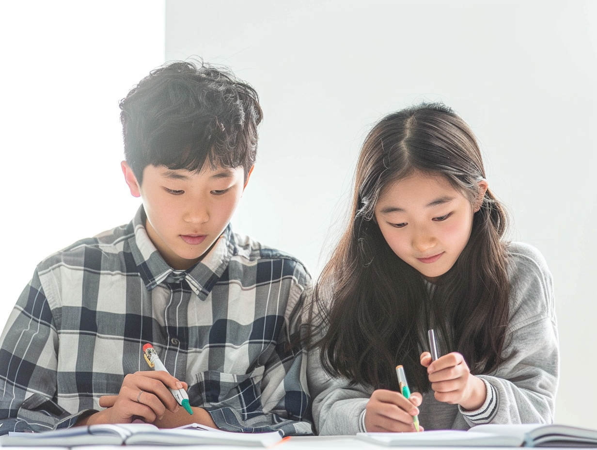 Intense Korean middle school students studying English together art