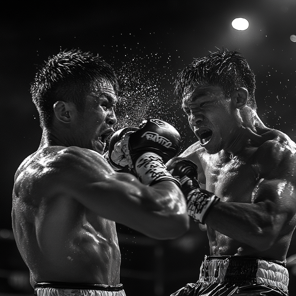 Intense Muay Thai fight with traditional attire and audience reaction.