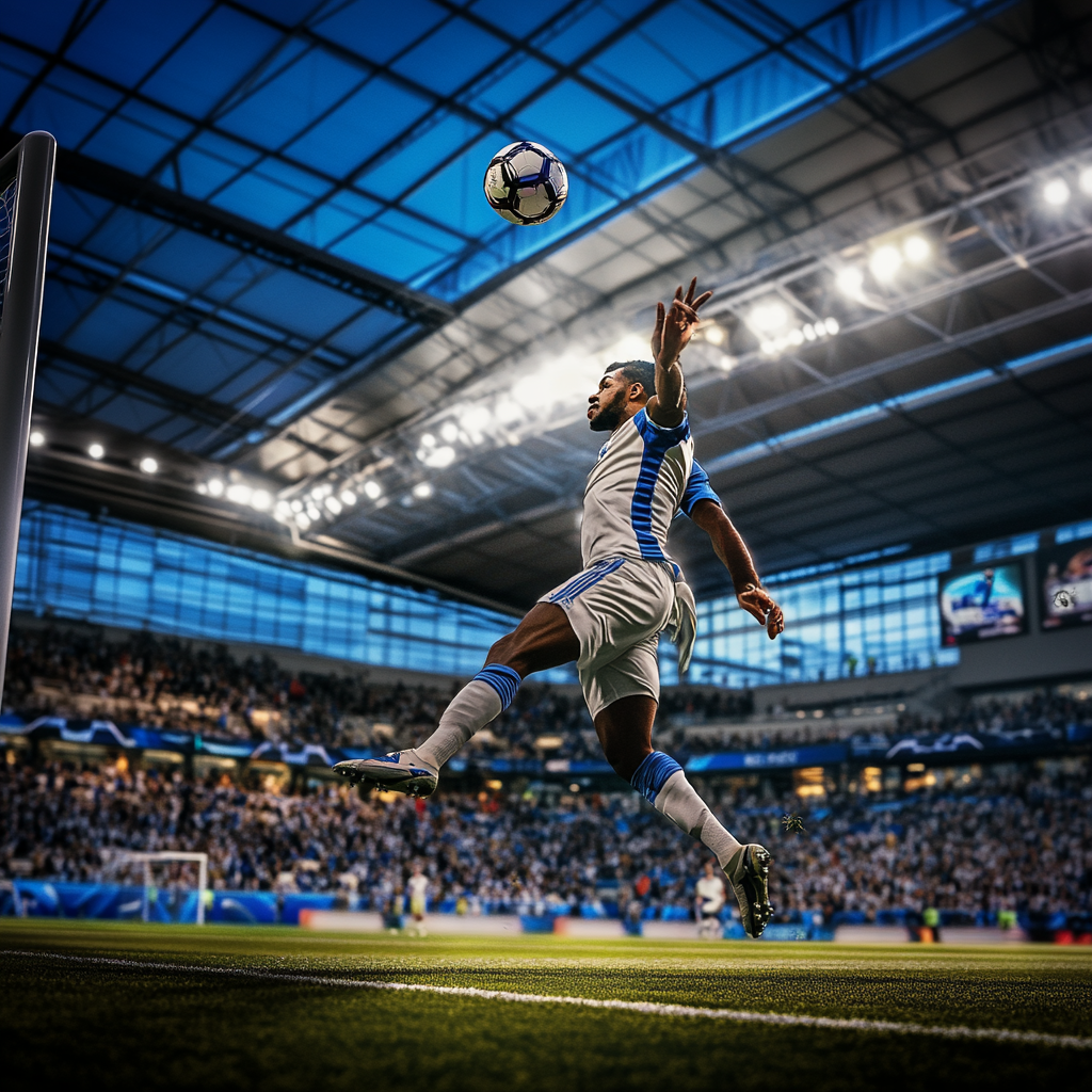 Intense Soccer Player Shooting Goal with Cheering Fans