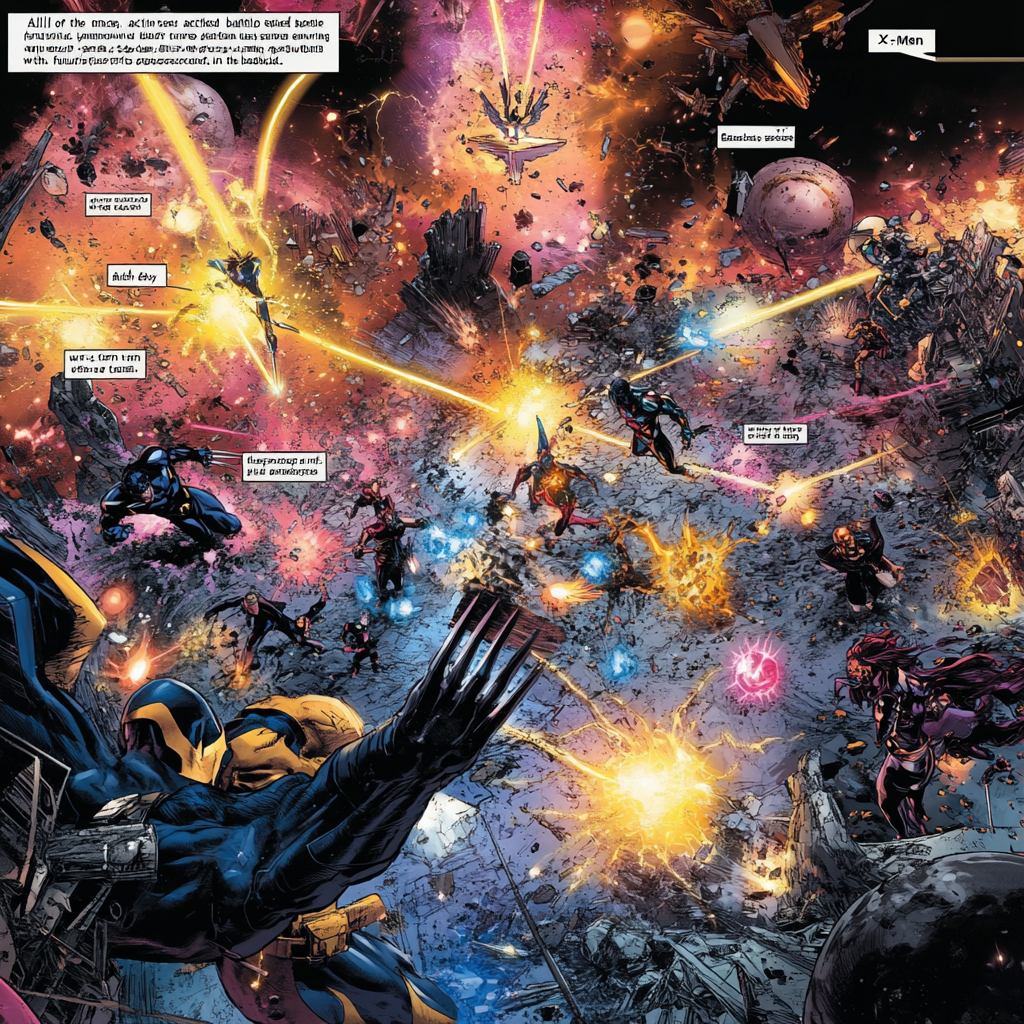 Intense X-Men battle in dystopian future space environment.