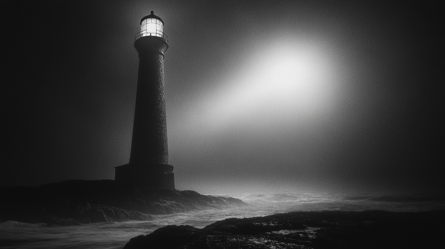 Intense black and white lighthouse close-up at night.