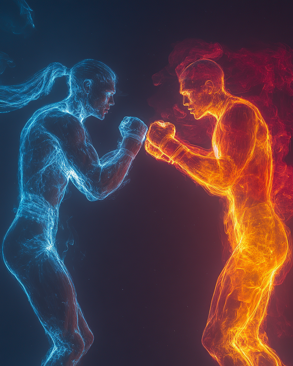 Intense close-up of two people exchanging punches furiously.