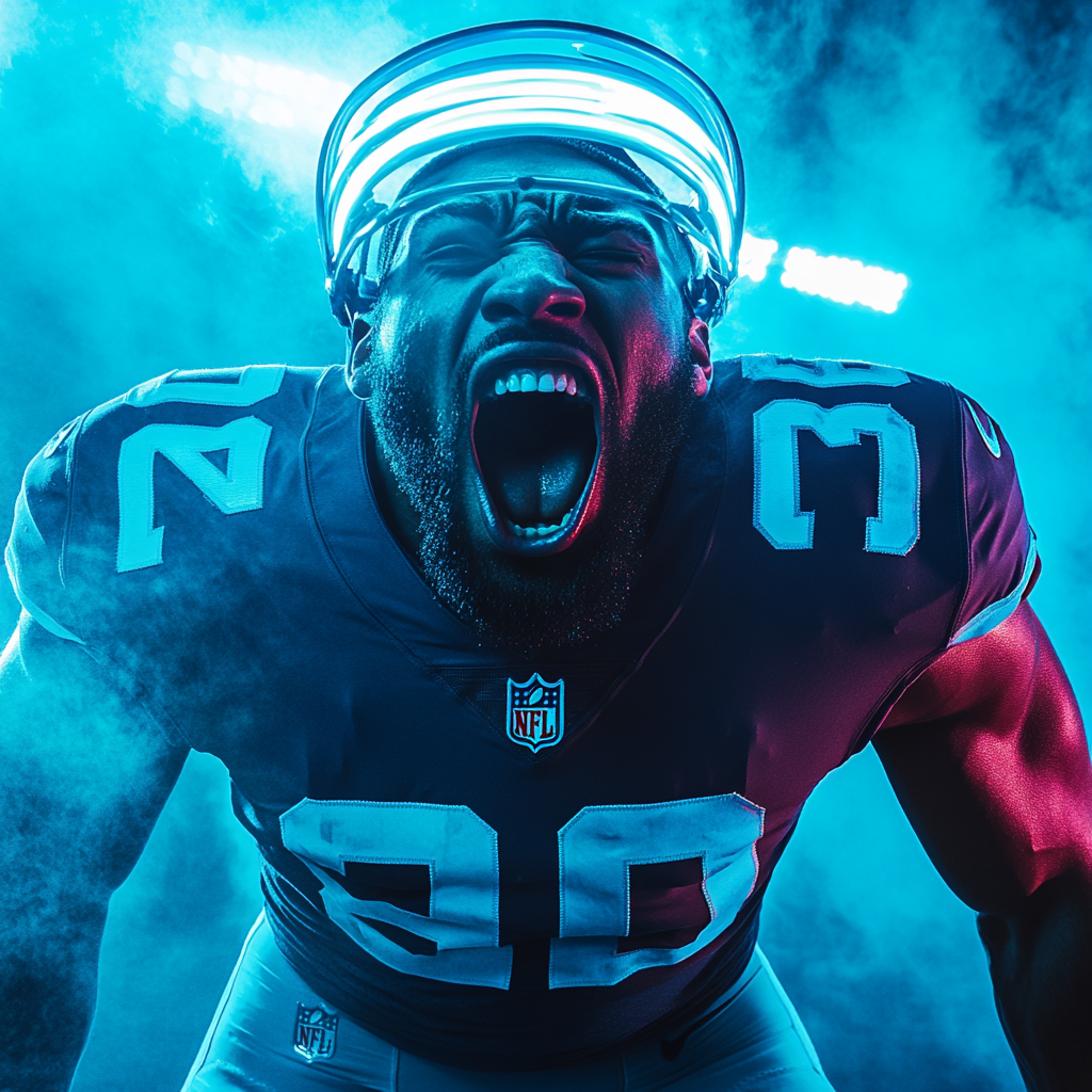 Intense football player in neon lights with fog.