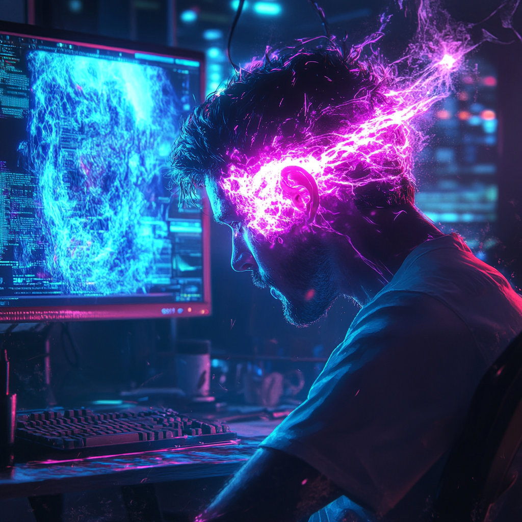 Intense gamer in immersive setup with glowing neon lights.