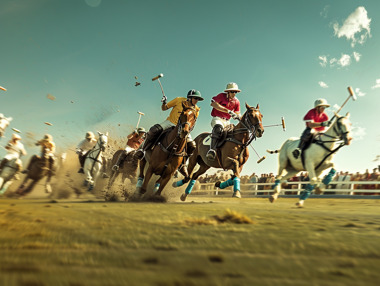 Intense men's polo game: vibrant, elegant, traditional energy.