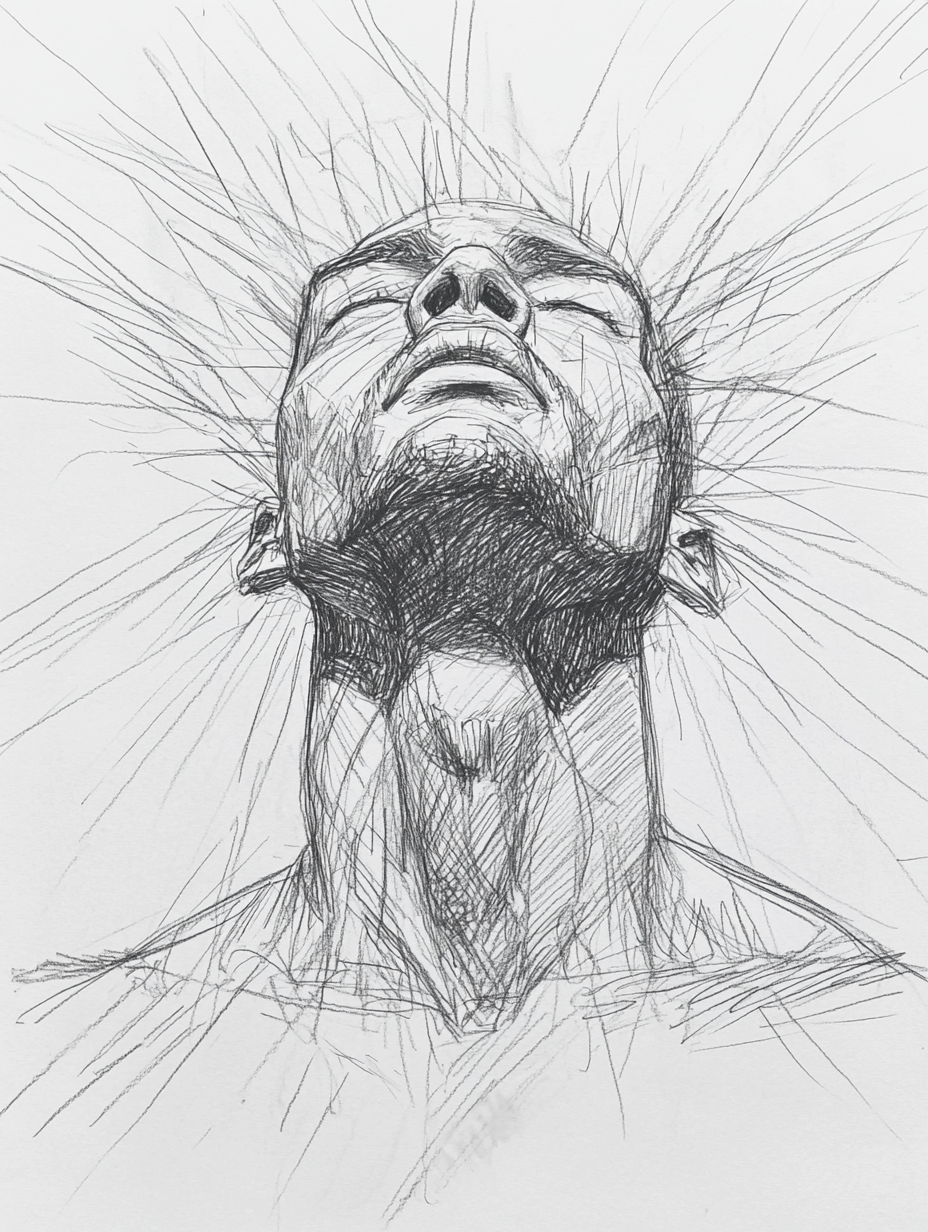 Intense pencil sketch figure alive, gazing skyward.