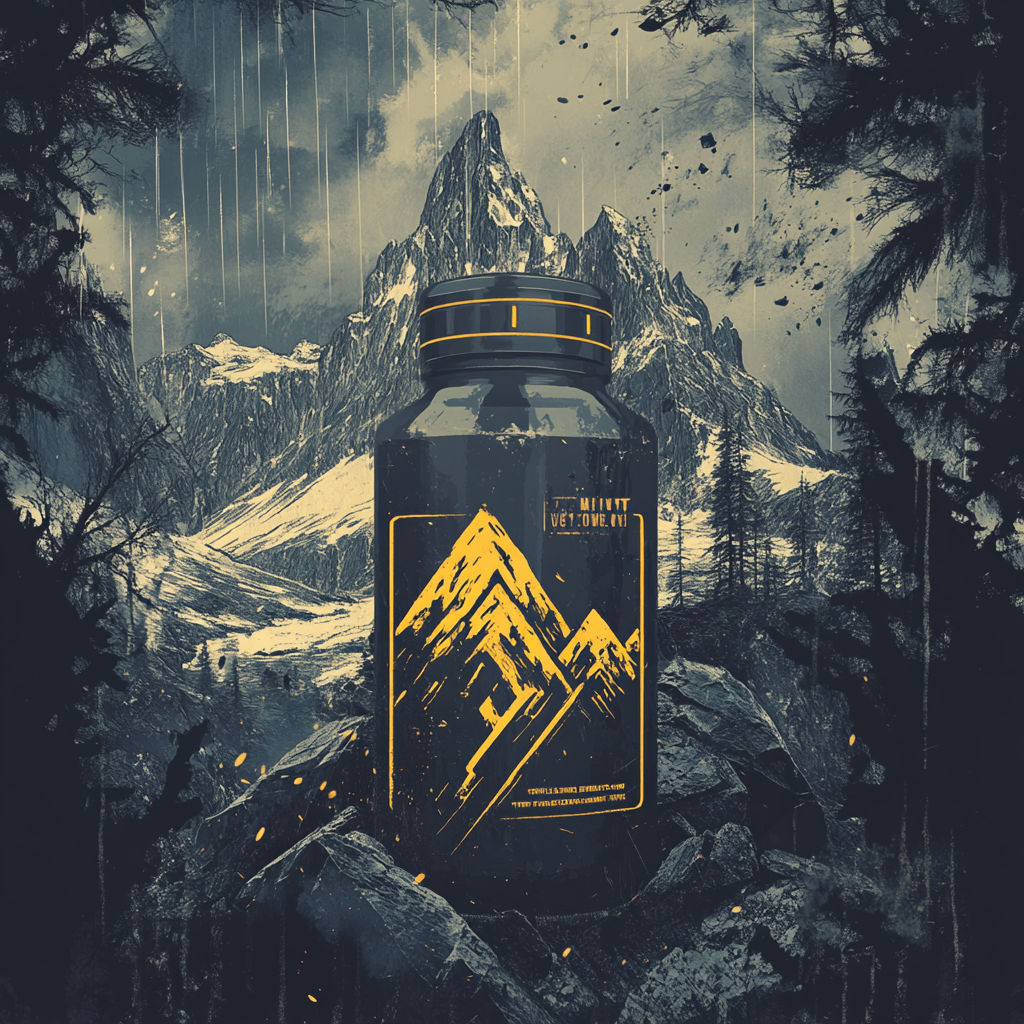 Intense post-apocalyptic pre-workout label highlighting primal strength.