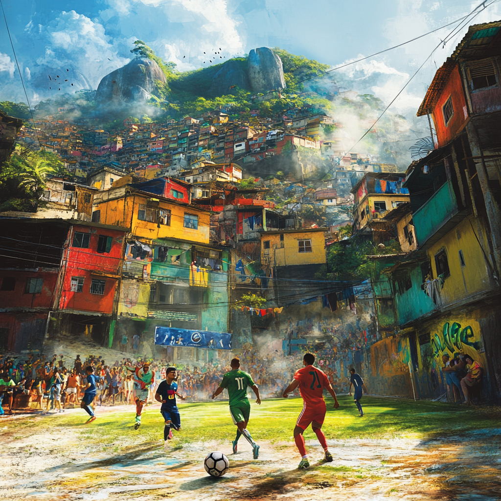 Intense street football match in Brazilian favela