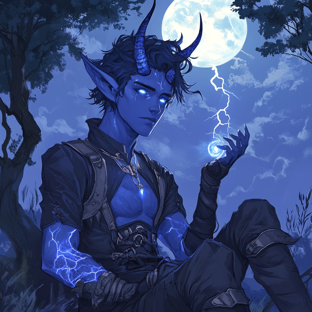 Intense tiefling storm sorcerer under moonlit sky with orb.