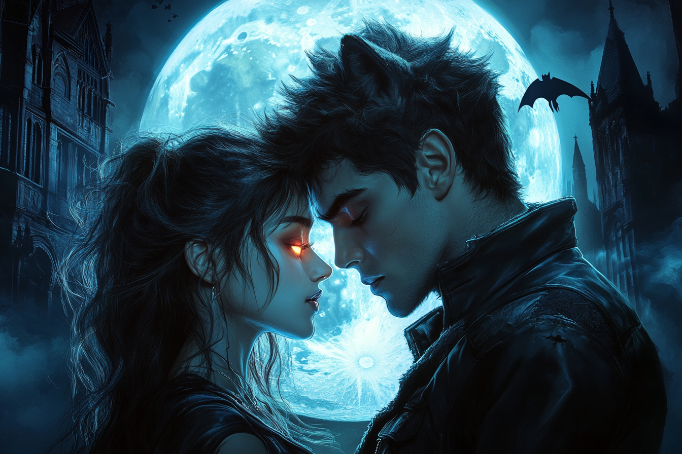 Intense vampire and werewolf stand together under full moon.