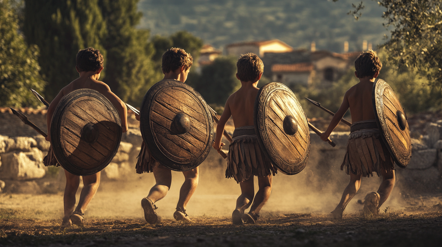 Intense warrior discipline in ancient Greek village training.