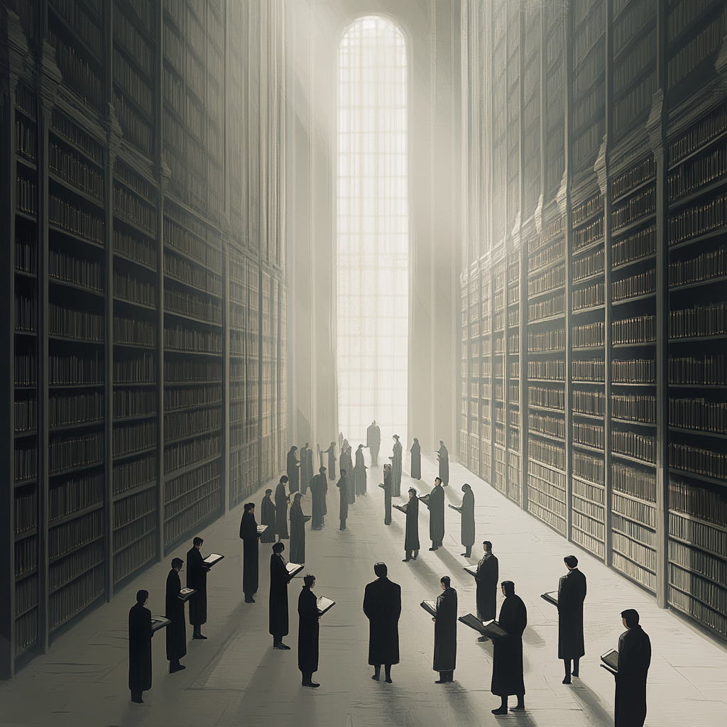 Intensely focused students in grey library with tall shelves.