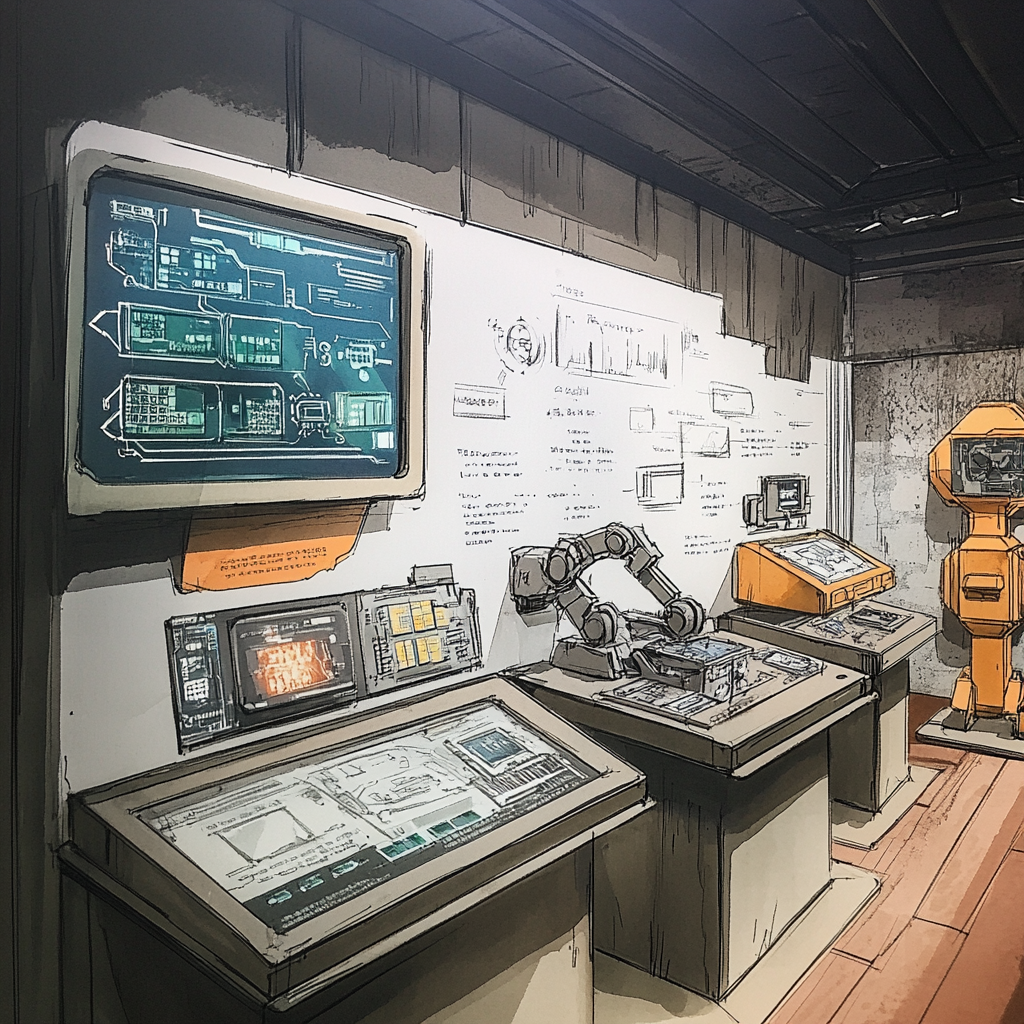 Interactive AI History Exhibit with Old Computer and Robot