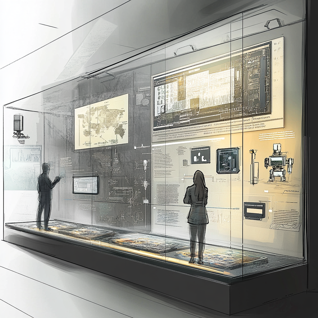 Interactive AI exhibit display with history sketch