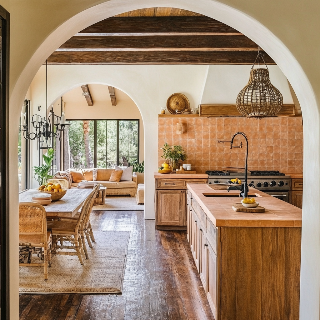 Interior bungalow kitchen with arch into living room