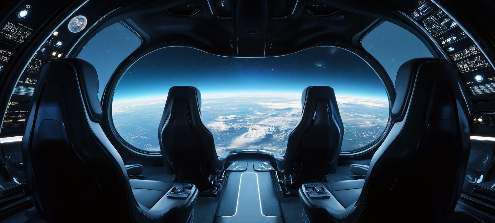 Interior cockpit view of futuristic personal spaceship flying. Ultra realistic.