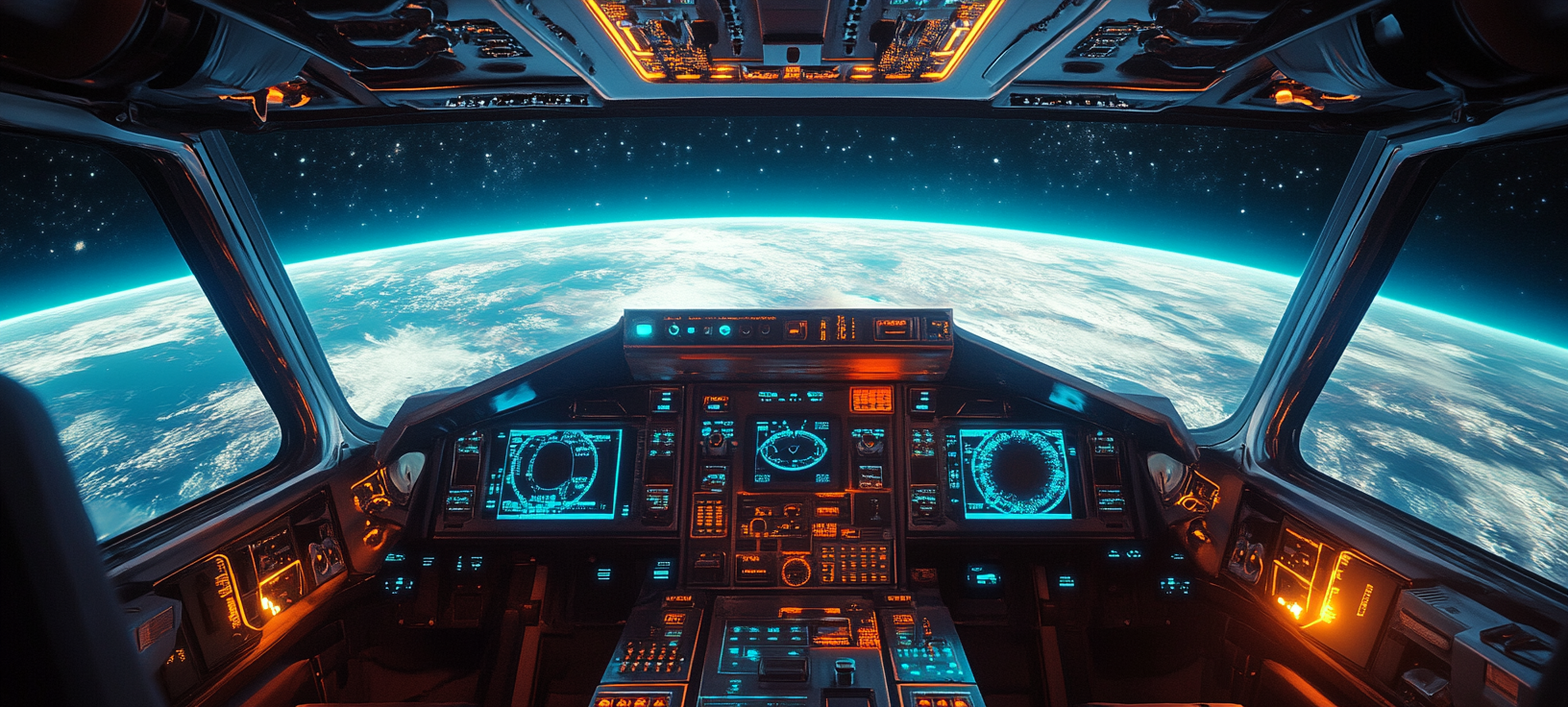 Interior cockpit view of futuristic spaceship flying over alien planet.