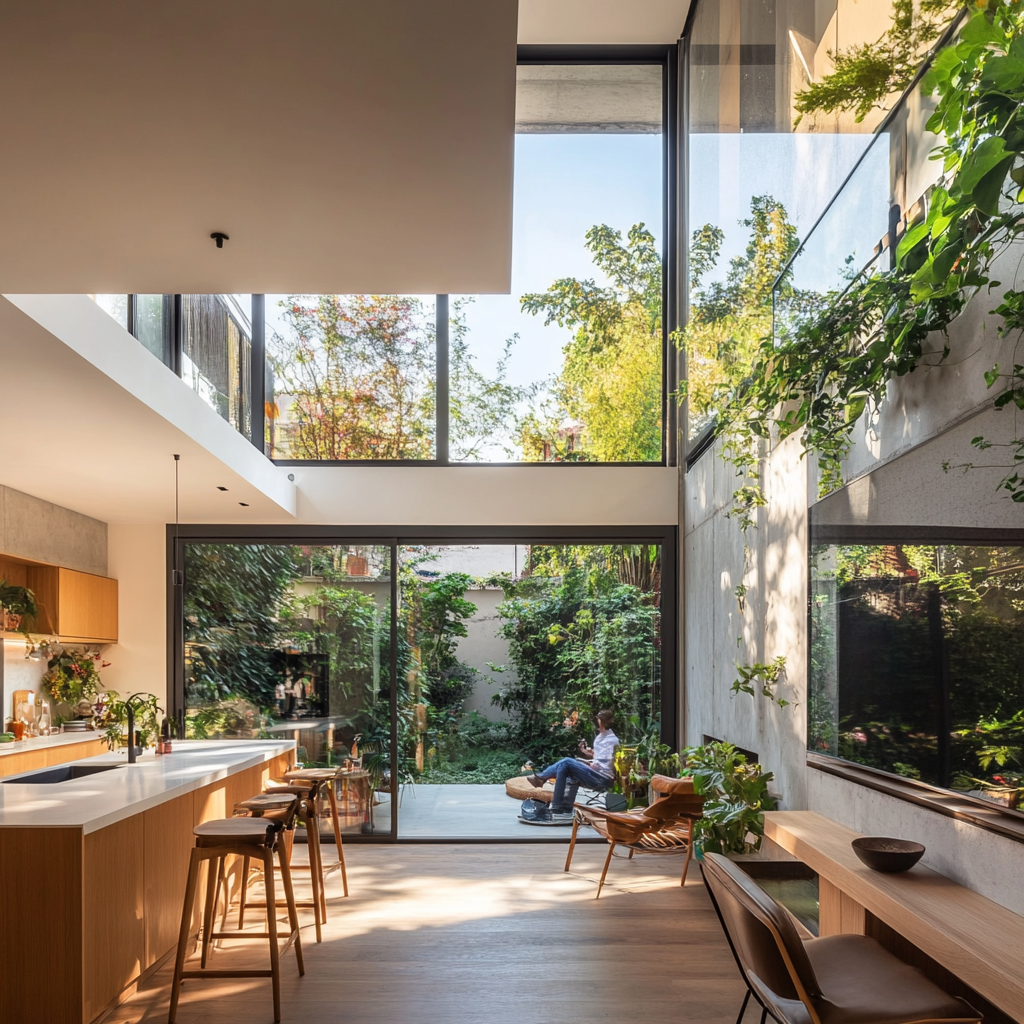 Interior de casa con ventana grande, vegetación y personas.