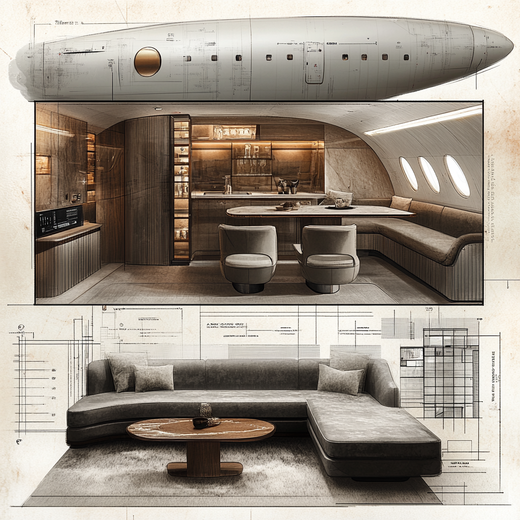 Interior design drawings of luxurious private jet kitchen.