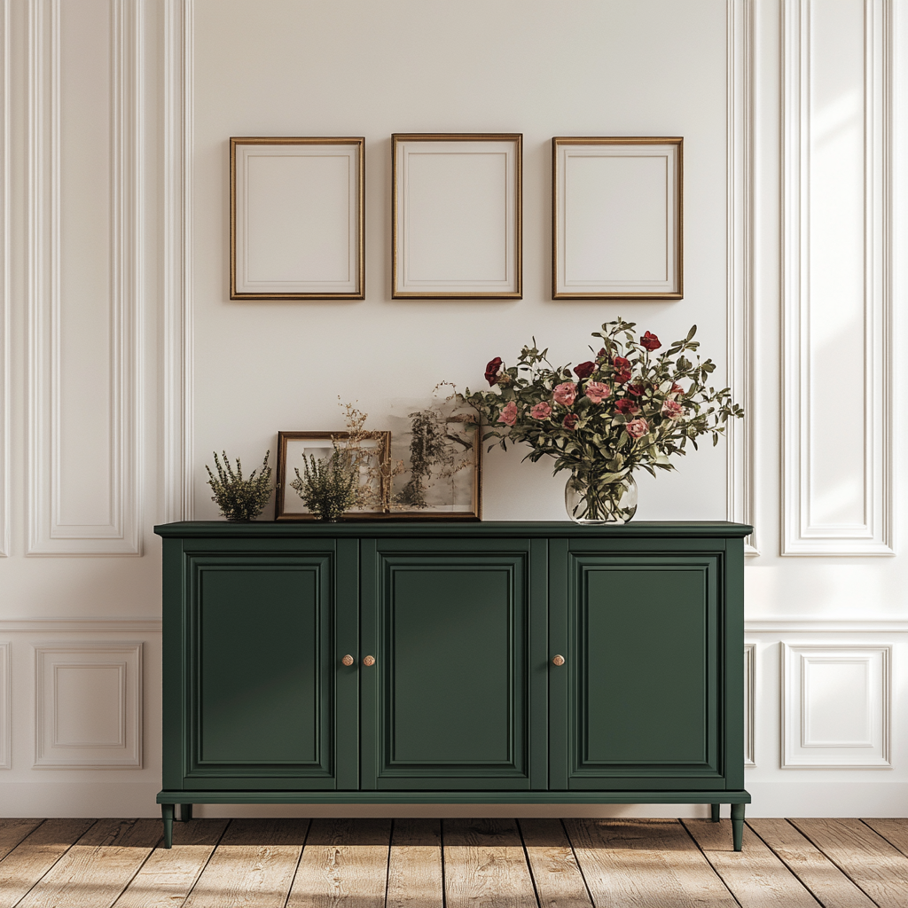 Interior design image of white wall with cabinet and frames.