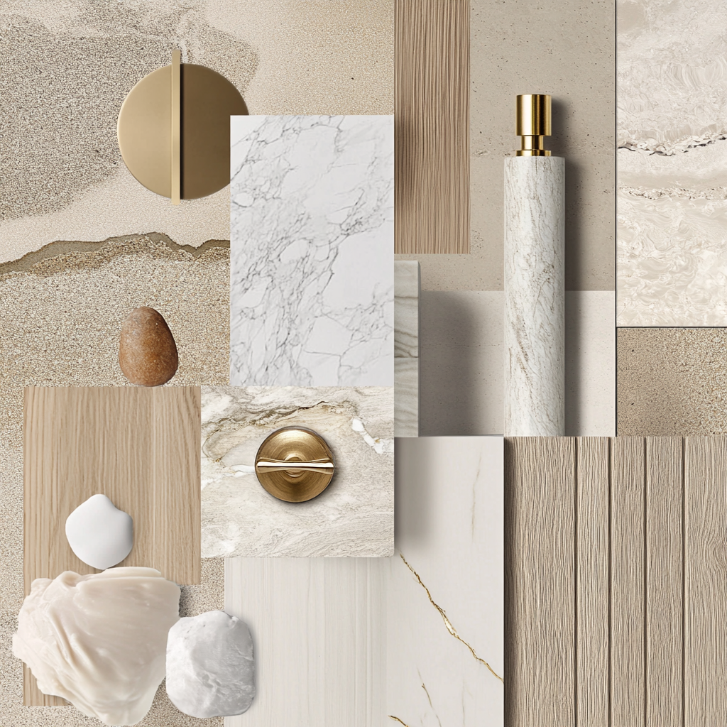 Interior design mood board with marble, wood, and gold