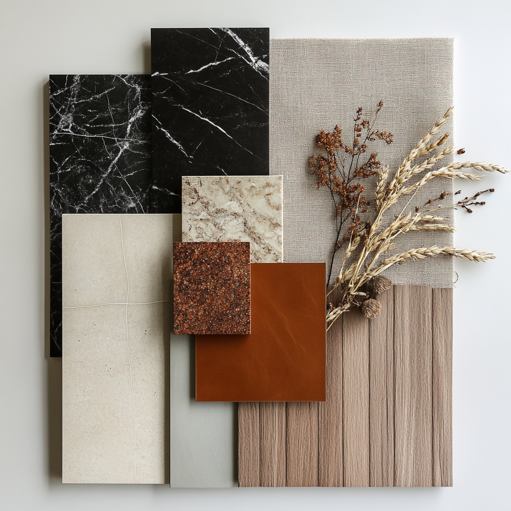 Interior design moodboard with light wood, leather, marble, cloth