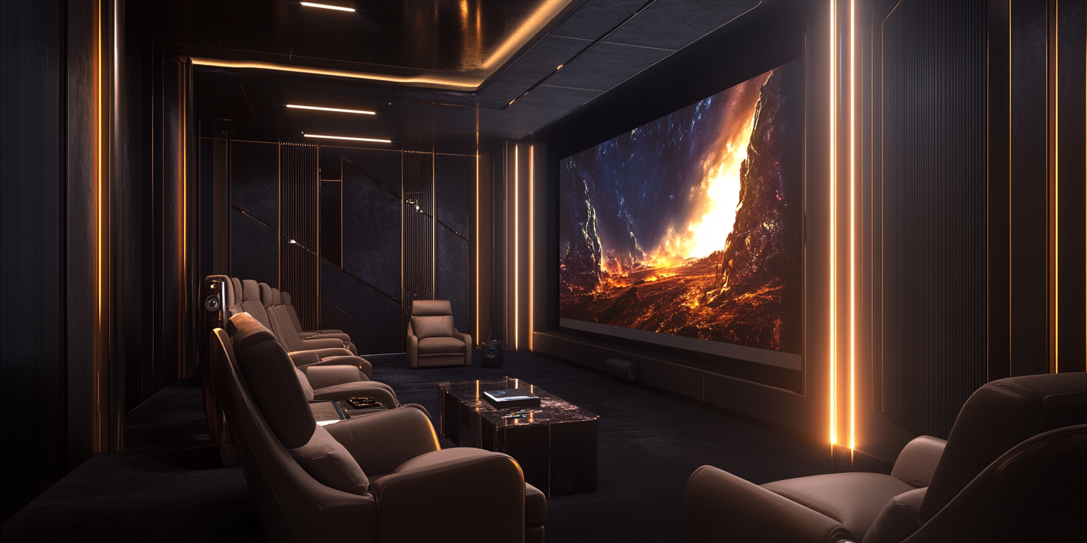 Interior design photography of high-end home cinema room.