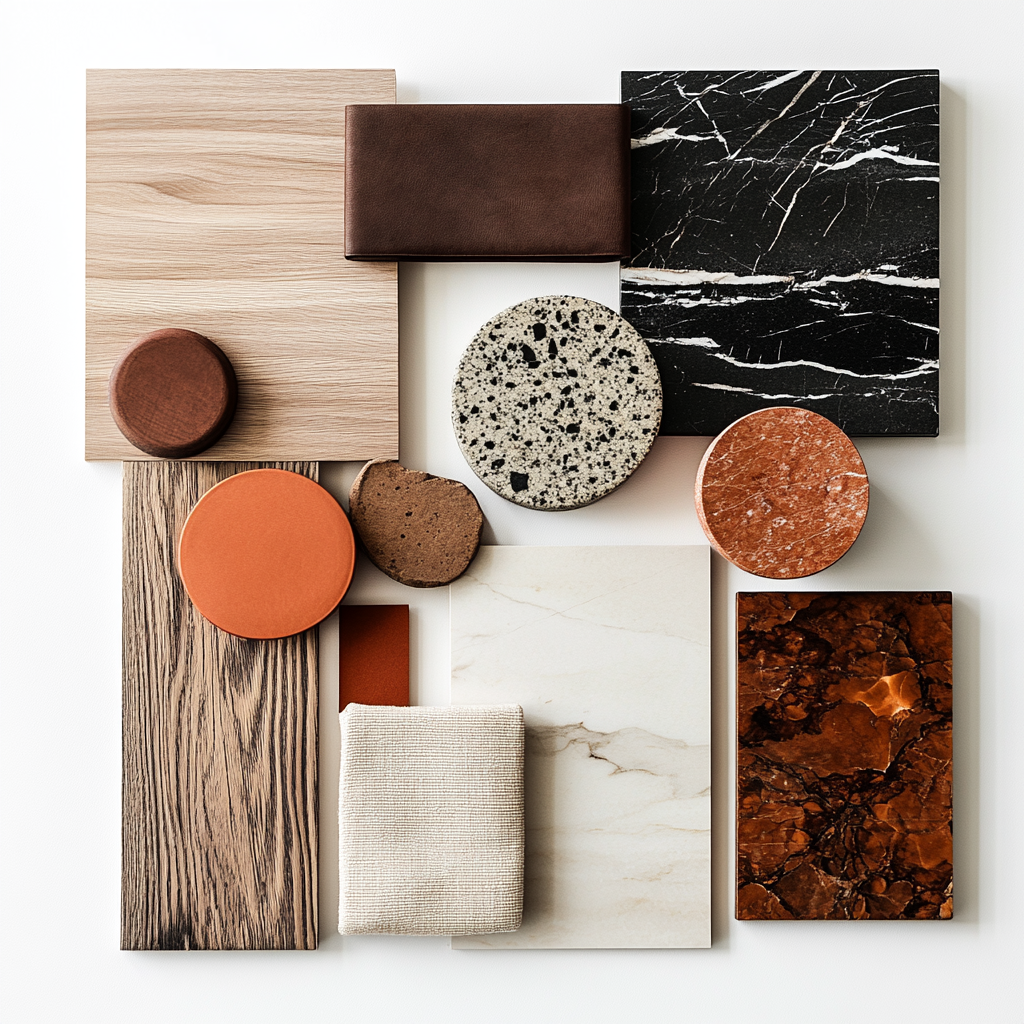 Interior design project moodboard: light wood, dark leather, marble.