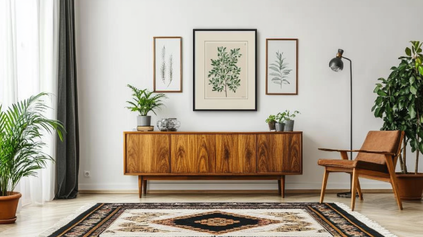 Interior design with white walls, framed art, wood sideboard, rug, plants.