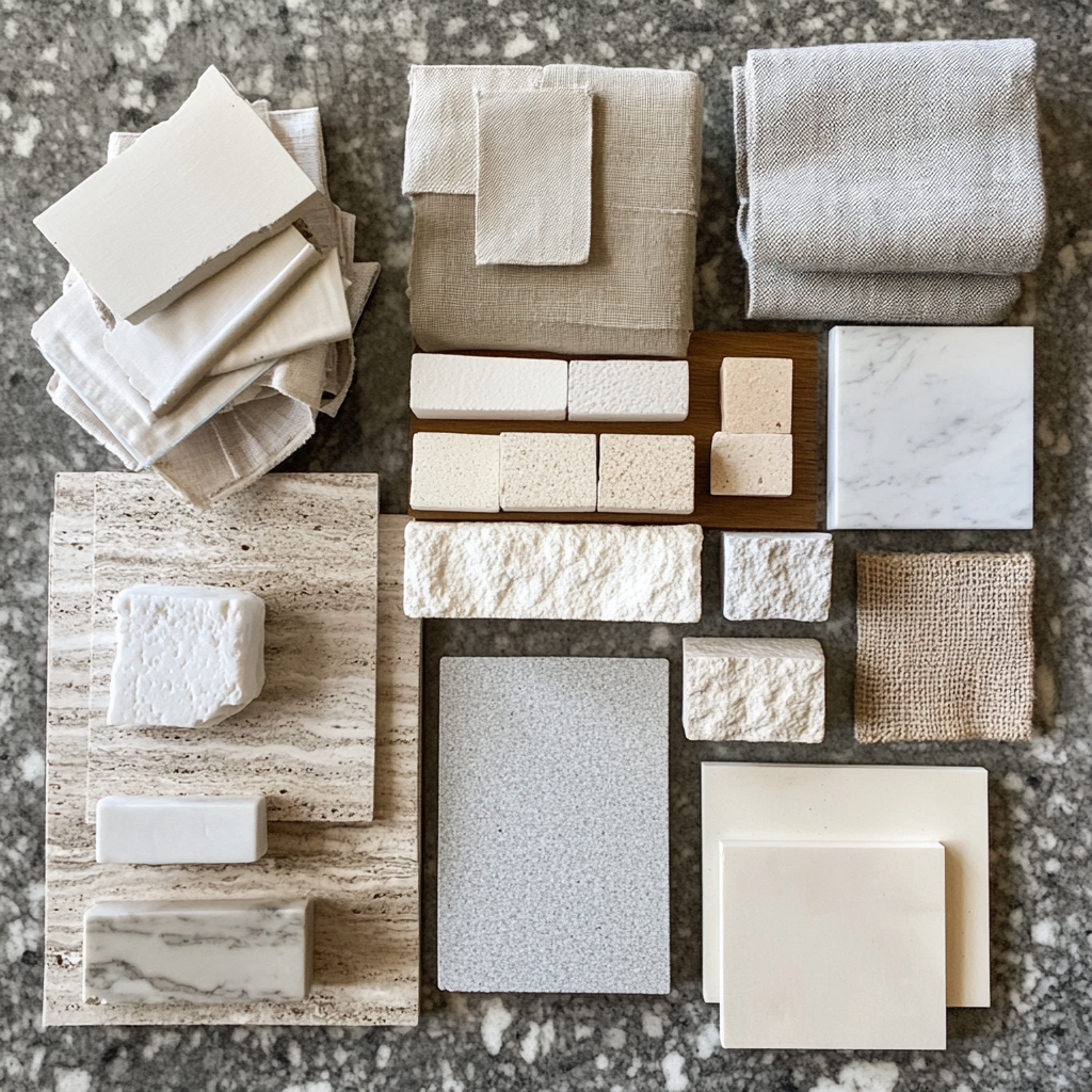 Interior design worksurface: limestone, brick, fabrics, wood samples.