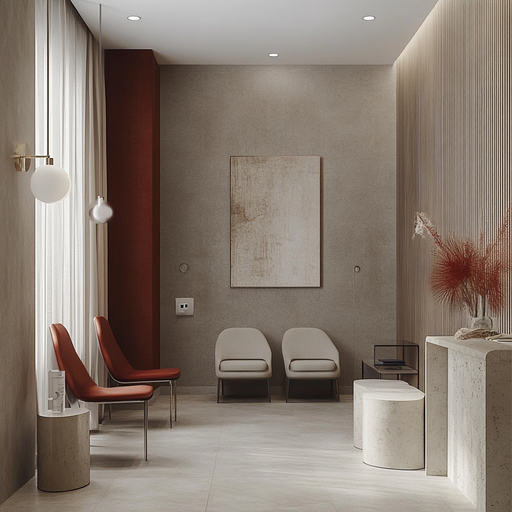 Interior design: clinic with beige grey walls, glass stone, red textile, inspired by Harry Nuriev and Kelly Weastler.