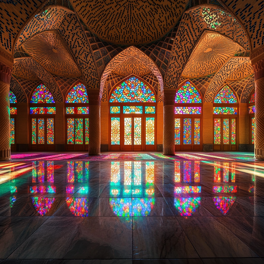 Interior of Iranian mosque with stained-glass windows and sunlight.