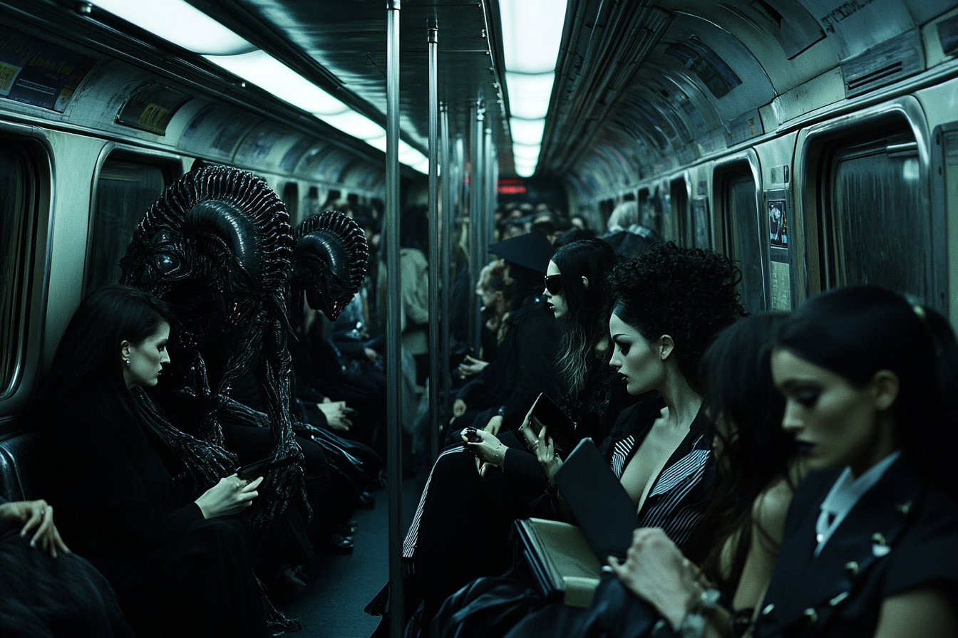 Interior of crowded subway with fashion models, xenomorphs