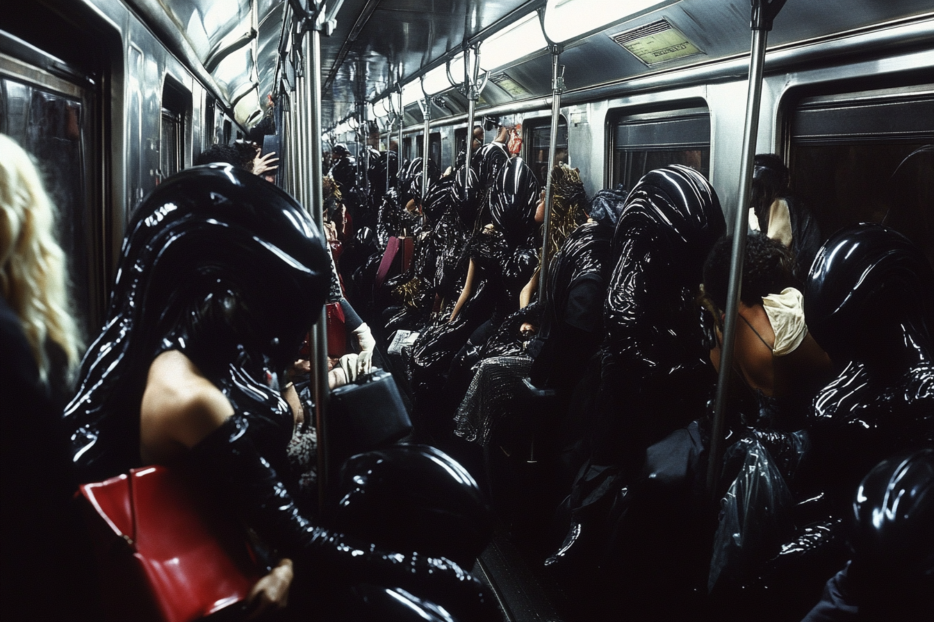 Interior of dark, crowded subway full of models.