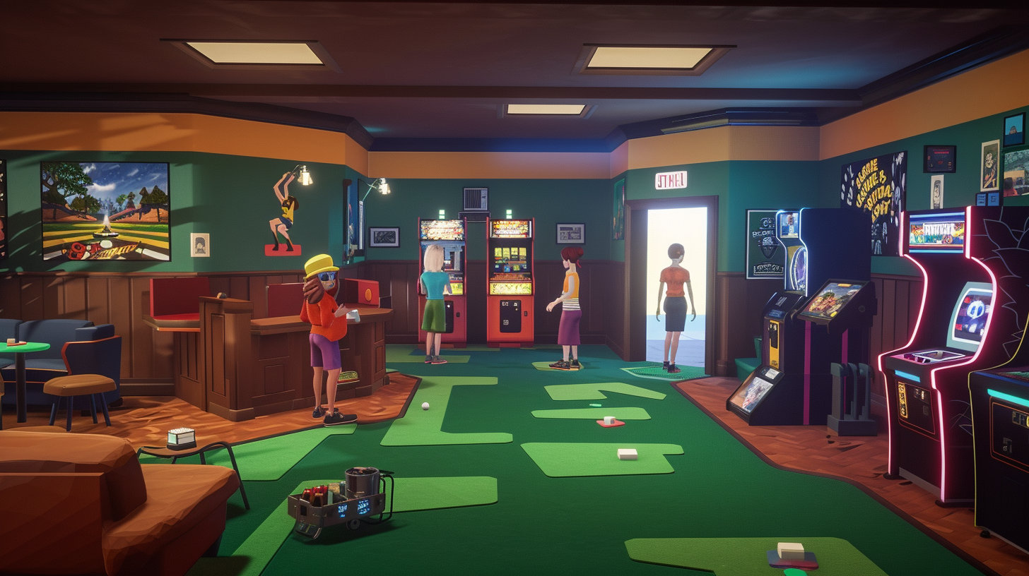 Interior of golf-themed fun clubhouse with avatars socializing.