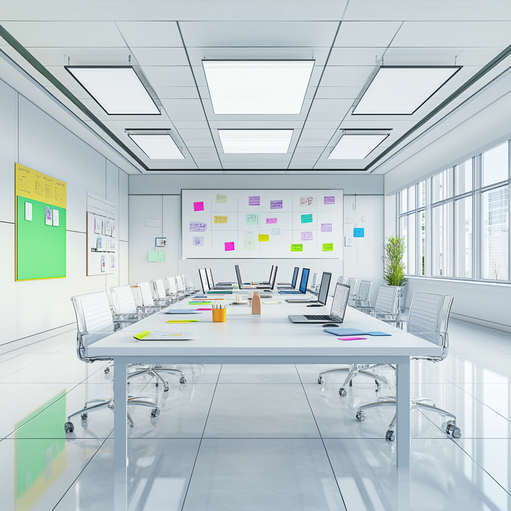 Interior of modern conference room with white and green boards.