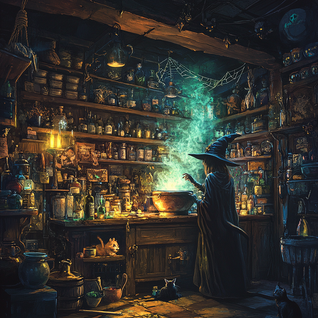 Interior of potion shop with bubbling potions and crystals.