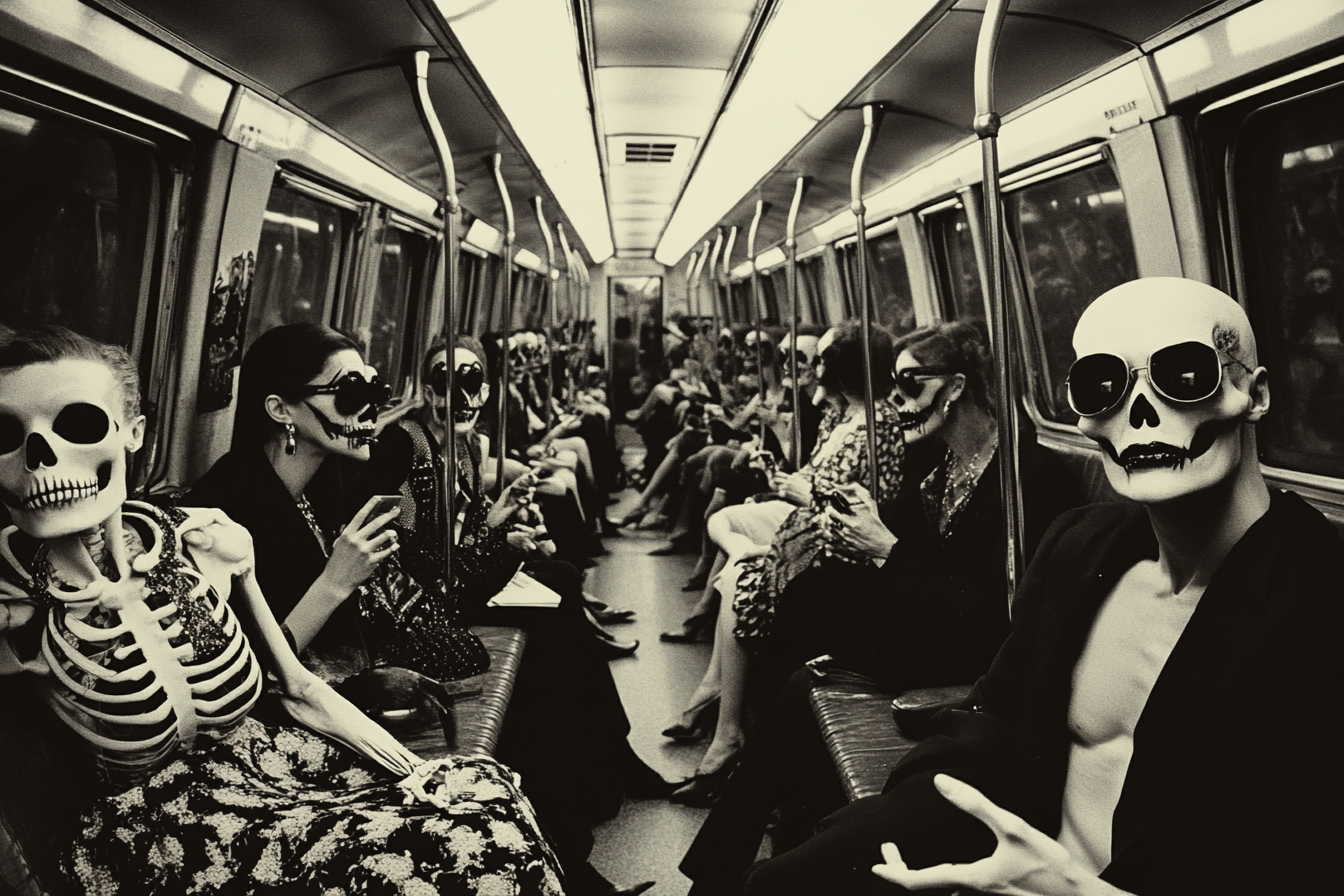 Interior of subway with fashion models and skeletons.