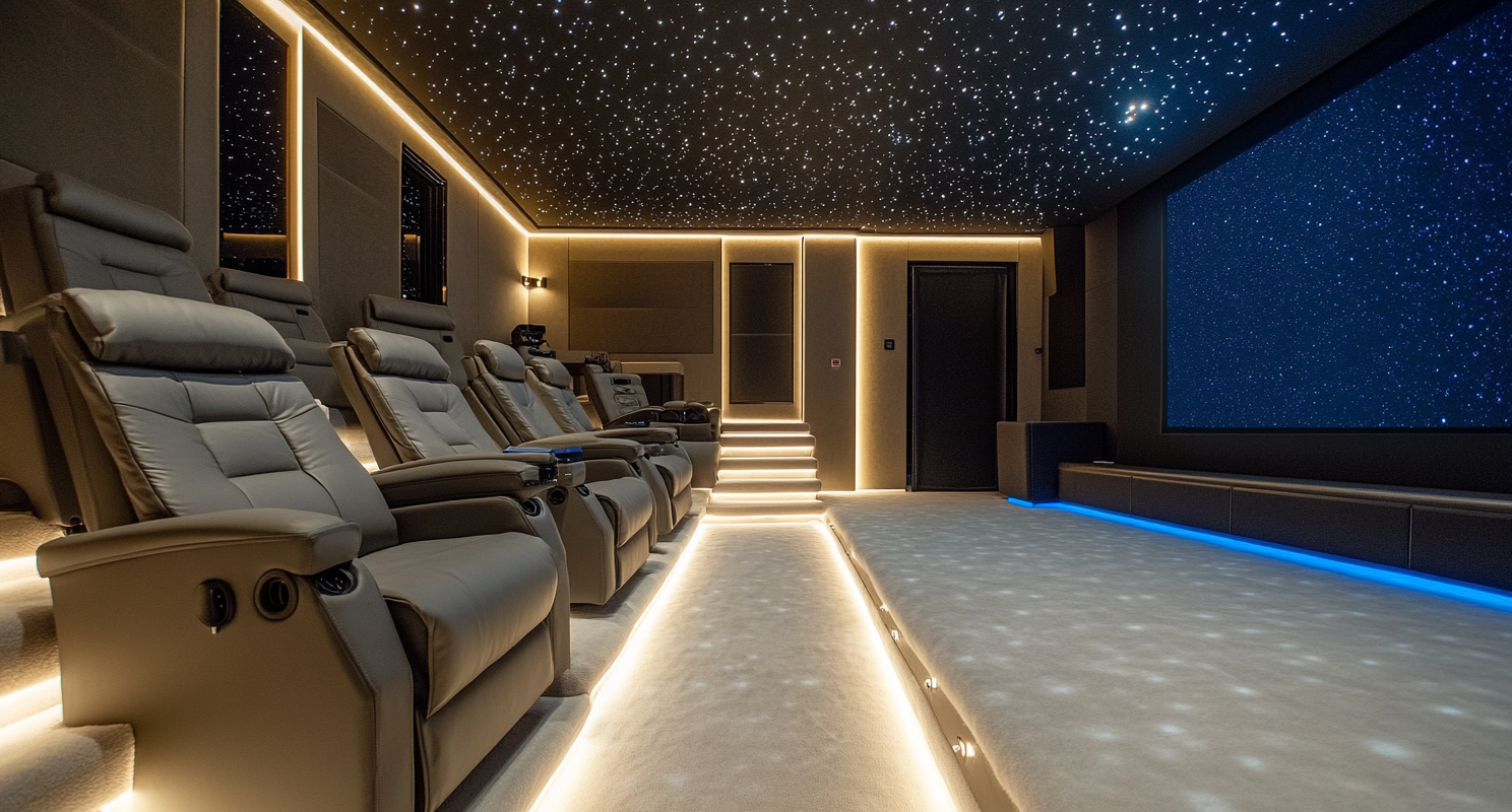 Interior photo of home cinema with starry ceiling, leather chairs, LED lights, large screen.