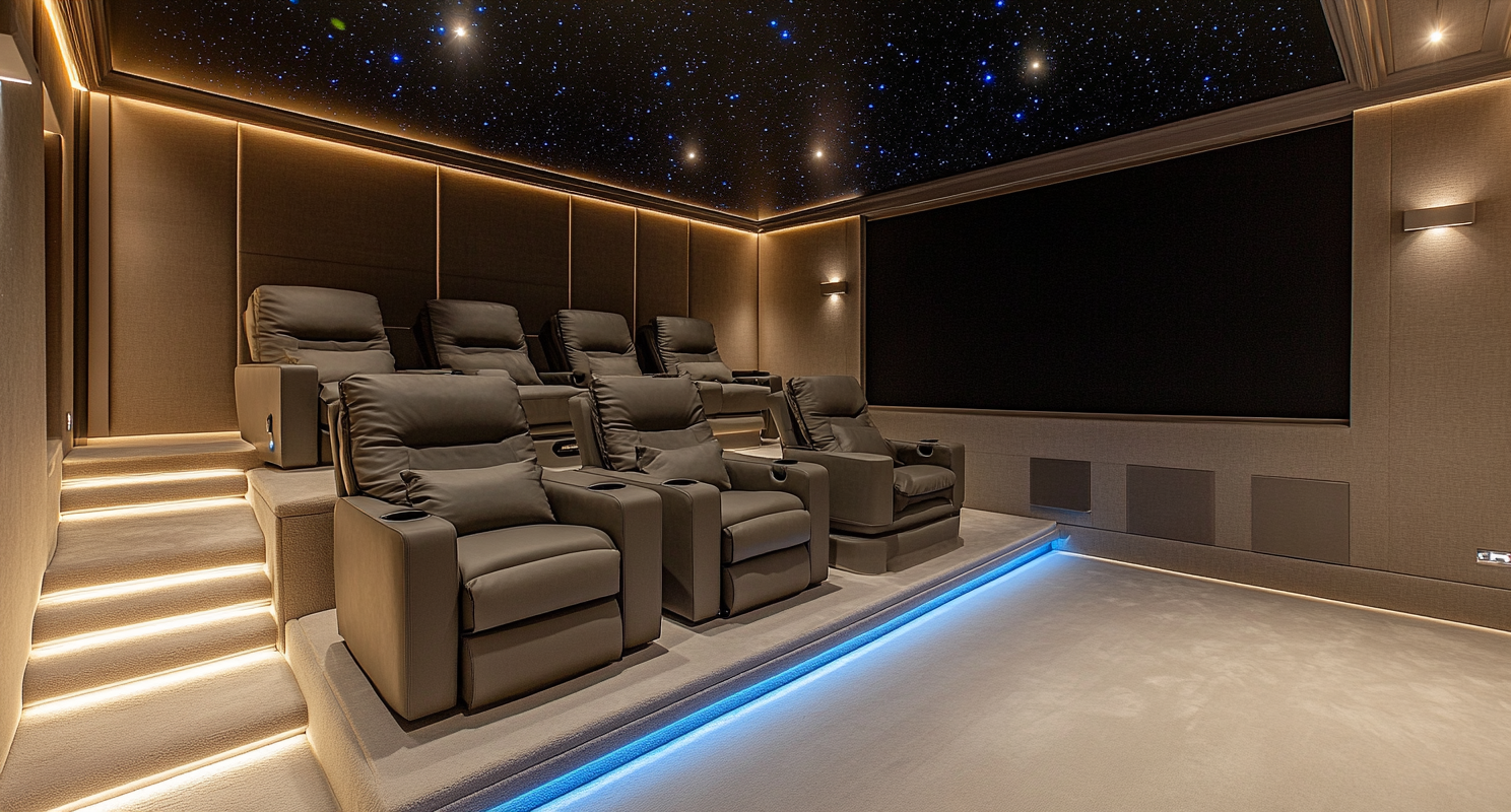 Interior photo of luxurious home cinema room.