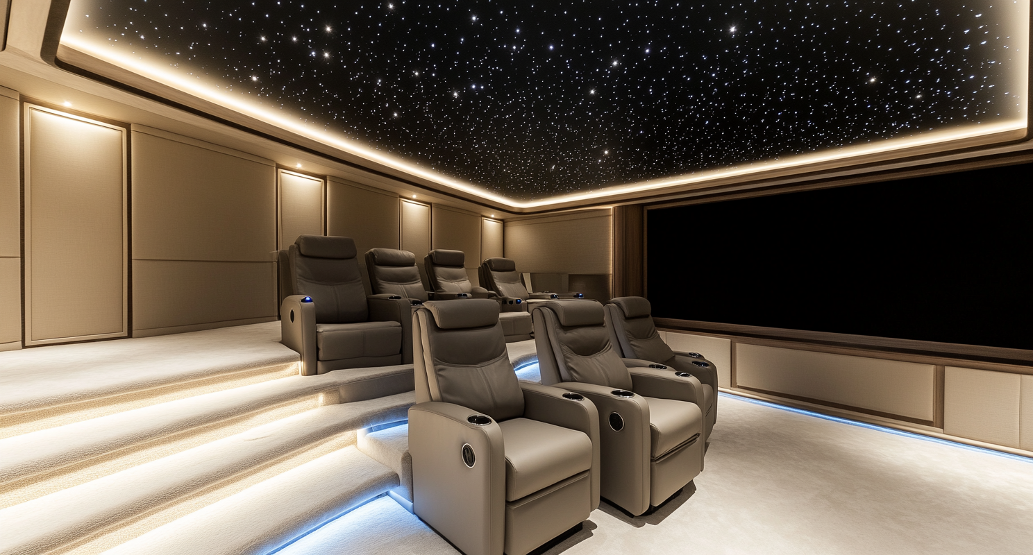 Interior photograph of high-end large home cinema room.