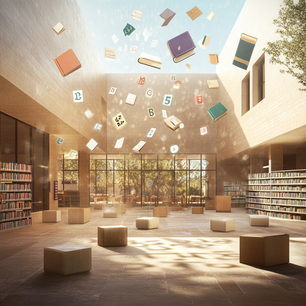 Interior scene of educational center in New Mexico. Dynamic design with warm tones, natural light.