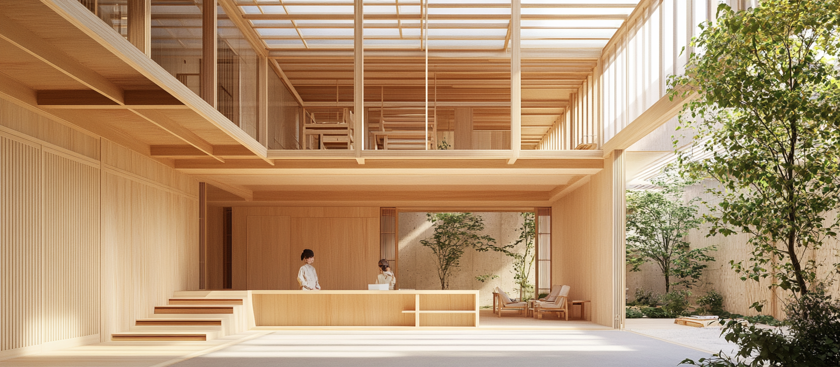 Interior space with Tadao Ando style, people and wood.