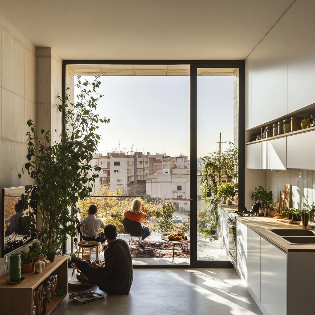 Interior view of an apartment with a garden.