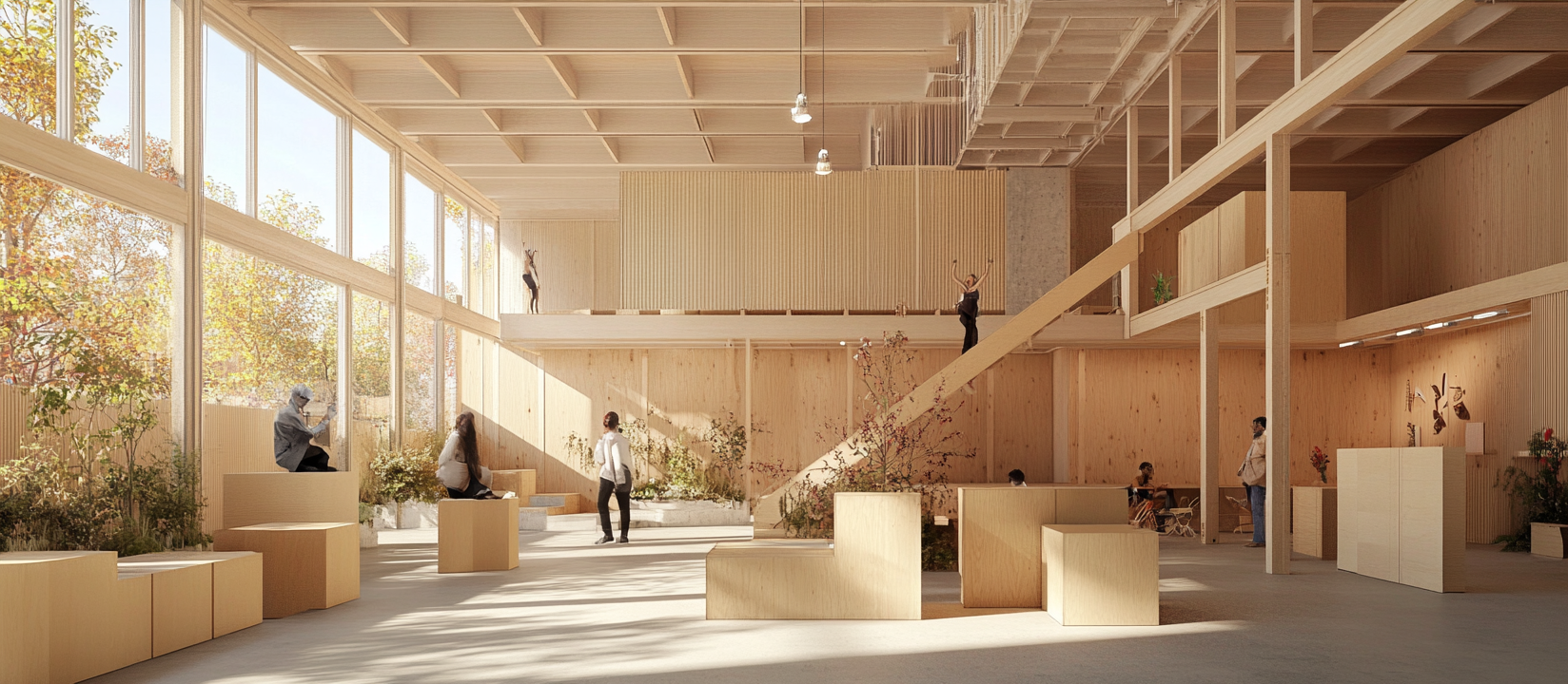 Interior view of wooden building with art installations and plants.