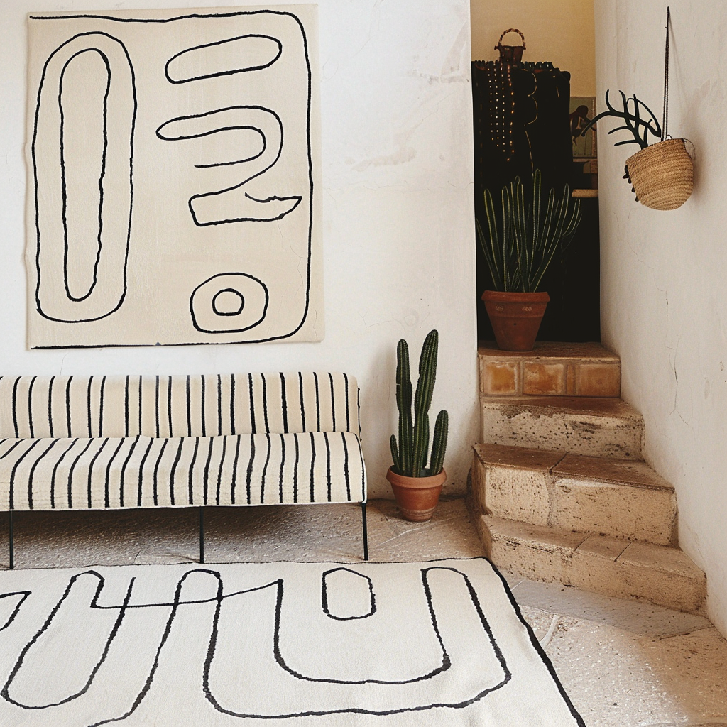 Interior with staircase, couch with stripes, velvet cushions.