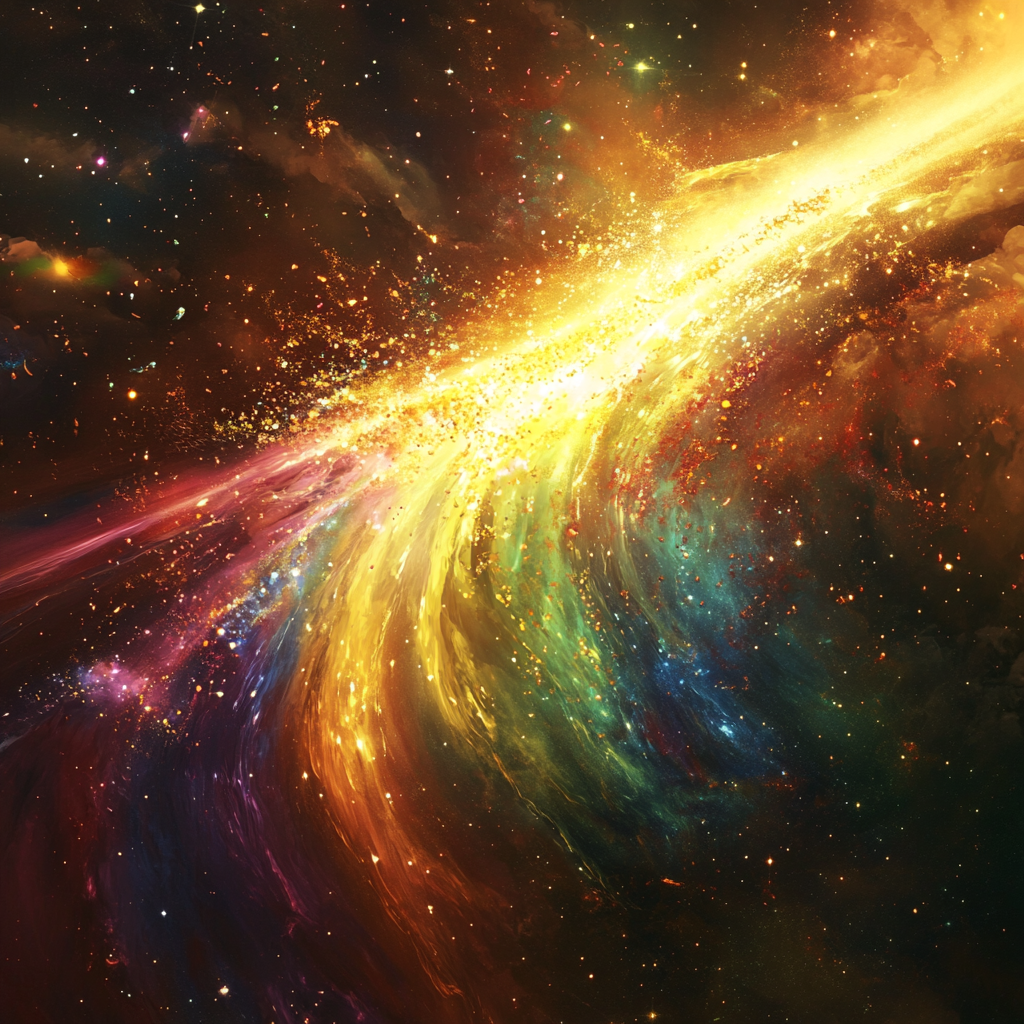 Interstellar matter forming rainbow light in Blake-themed universe.