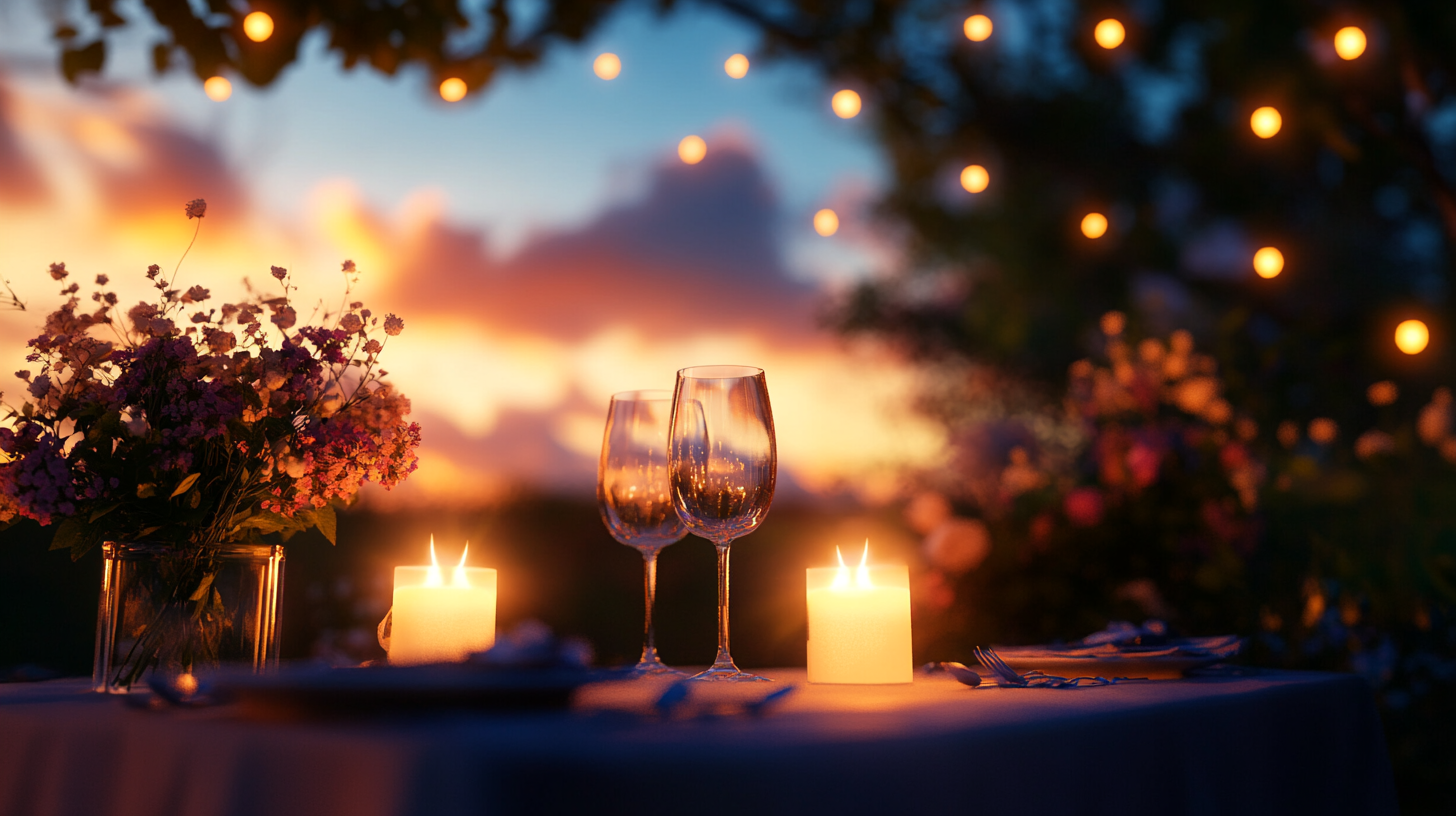 Intimate ambiance with candlelight and subtle floral decor.